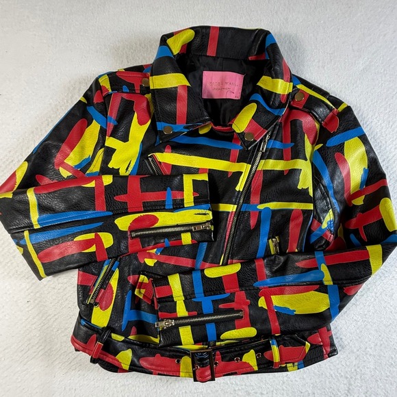 Azalea Wang Jackets & Blazers - Azalea Wang Moto Jacket Womens Size M Haring Print Faux Leather Black Multicolor